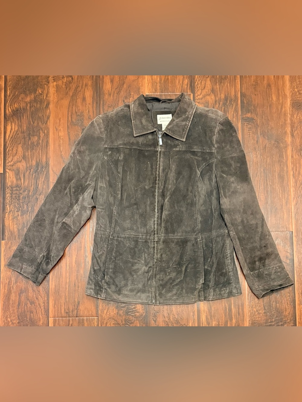 St. Johnβs Bay Large Brown Washable Suede Leather Zip Jacket